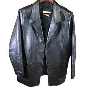 Venezia Womens Genuine Leather Blazer Jacket Size B0 Black Button Up Collared